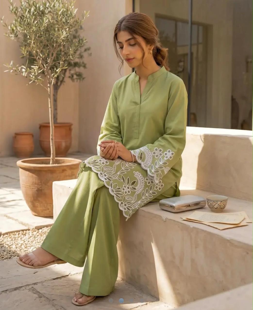 Flora Reign 2-Piece Pista Green Embroidered Cotton Cord Suit