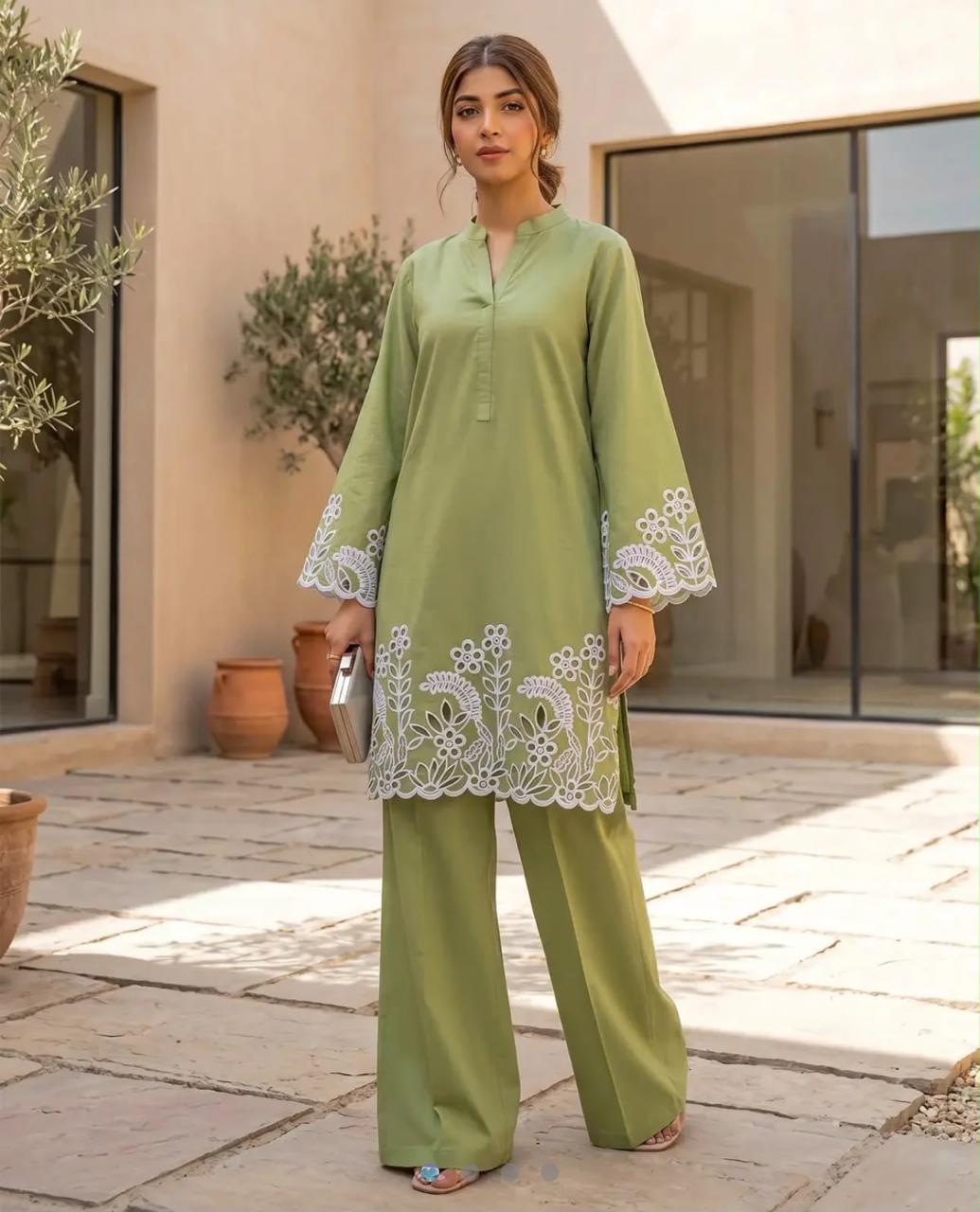 Flora Reign 2-Piece Pista Green Embroidered Cotton Cord Suit