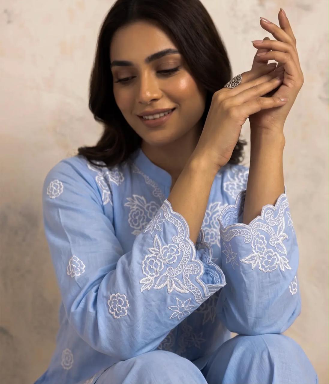 Muskaan 2-Piece Powder Blue Printed Cotton Suit