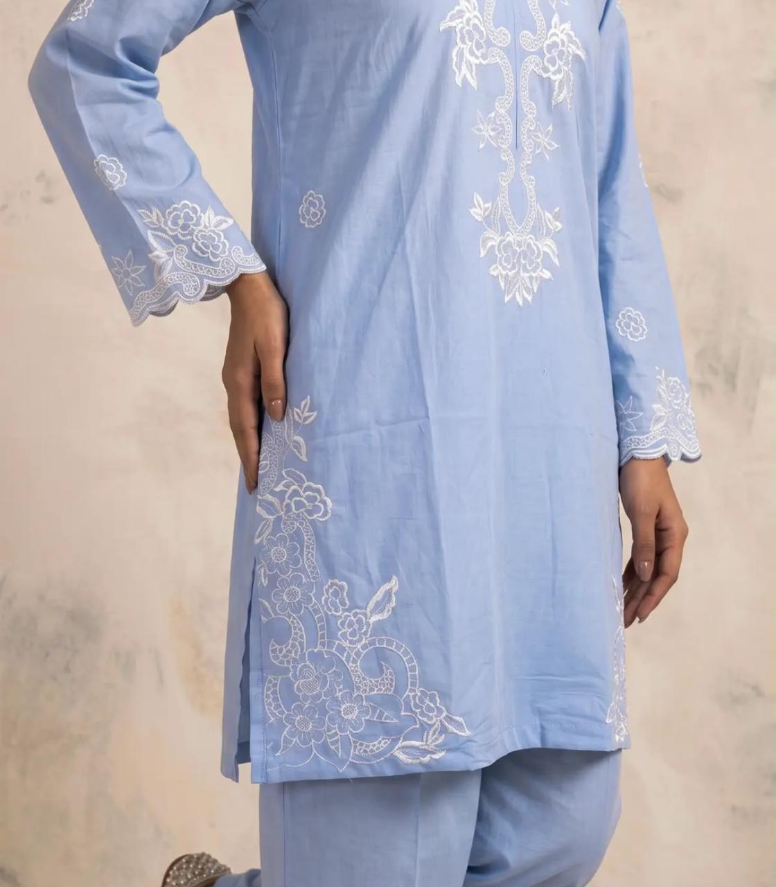 Muskaan 2-Piece Powder Blue Printed Cotton Suit