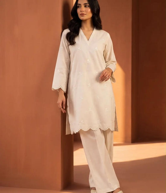Mehr- 2 Piece Biege Embroidered Cotton dress for Women