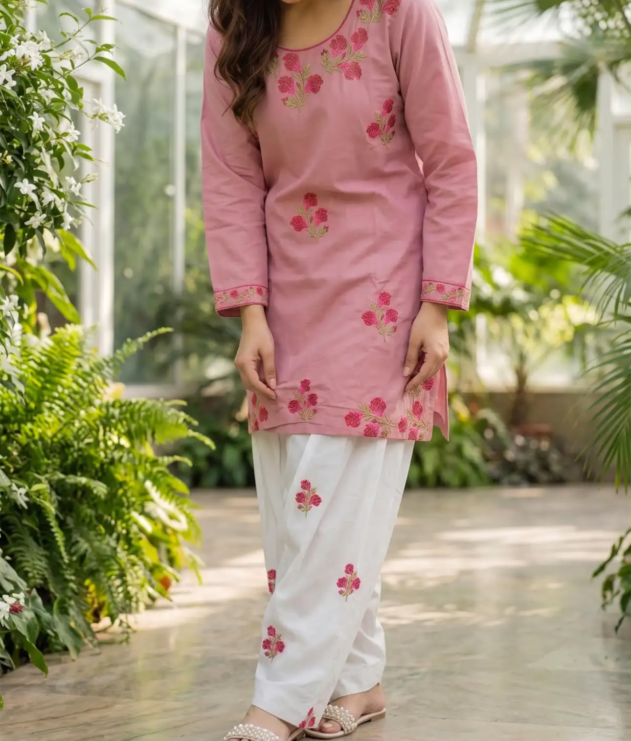 Gulab Tea Pink 2-Piece Embroidered Cotton Suit for Women
