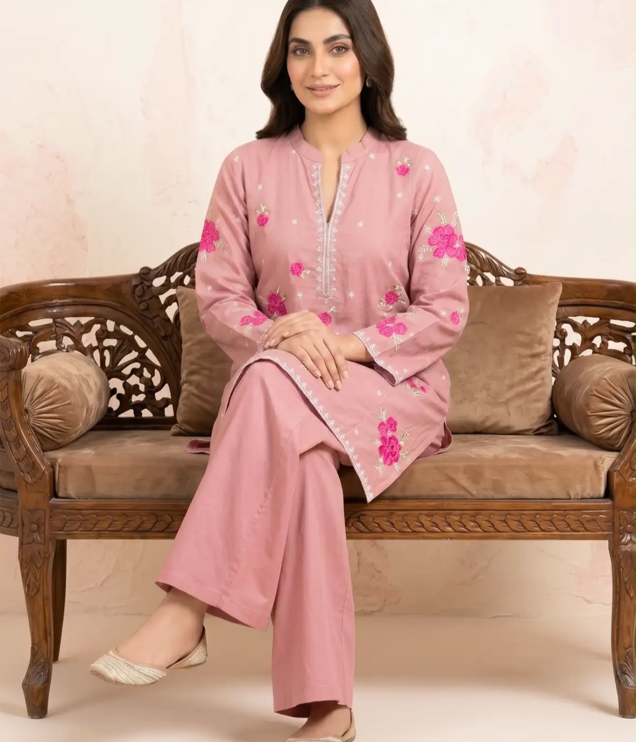 Marias 2 Piece Cotton Embroidered Tea Pink  dress