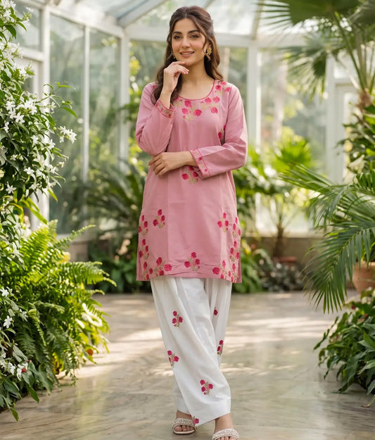 Gulab Tea Pink 2-Piece Embroidered Cotton Suit for Women