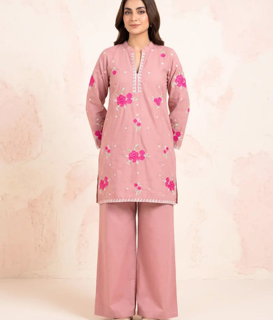 Marias 2 Piece Cotton Embroidered Tea Pink  dress