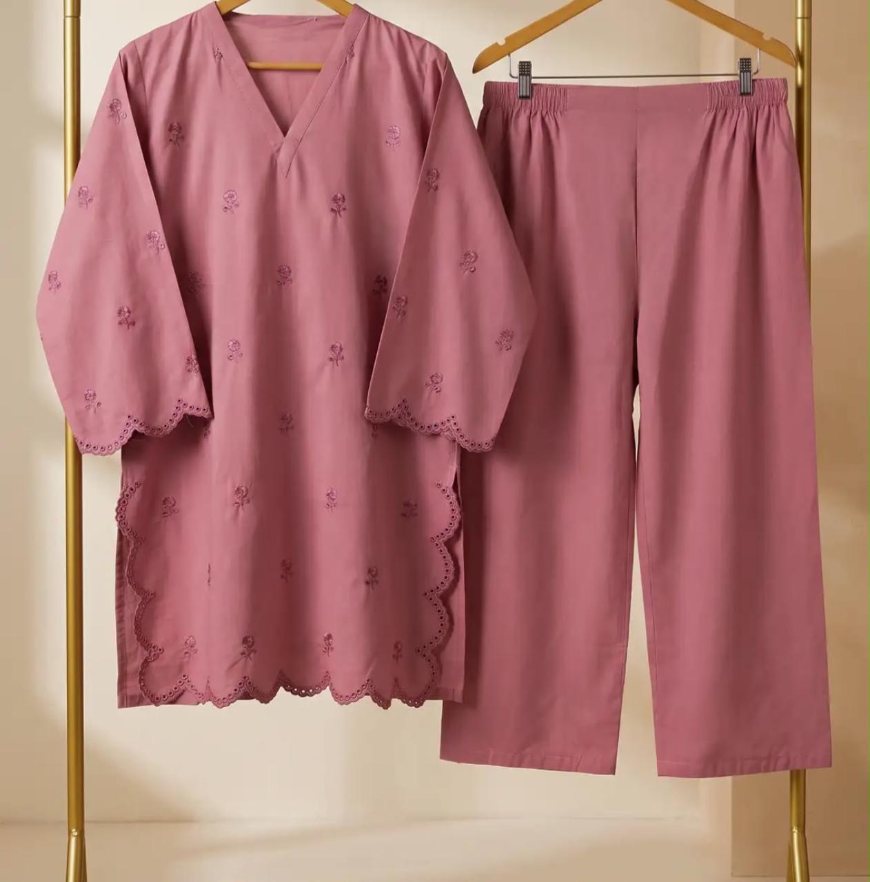 Mehr- 2 Piece Tea Pink Embroidered Cotton dress for Women