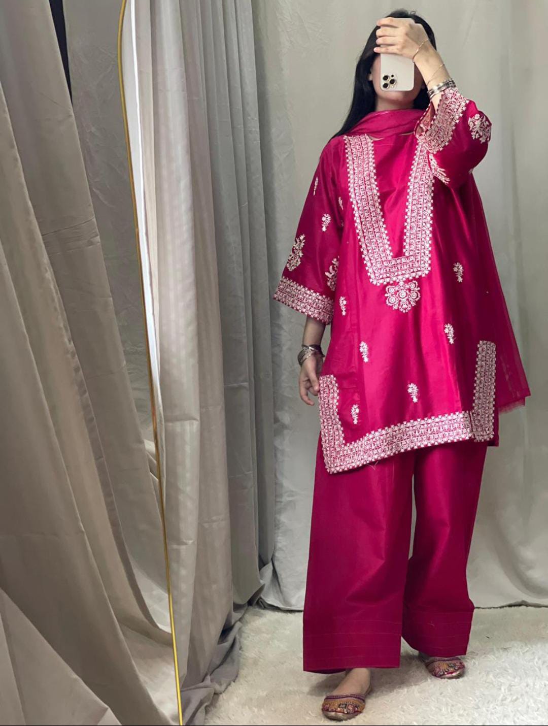 3 PC embroidery lawn article with farshi shalwar