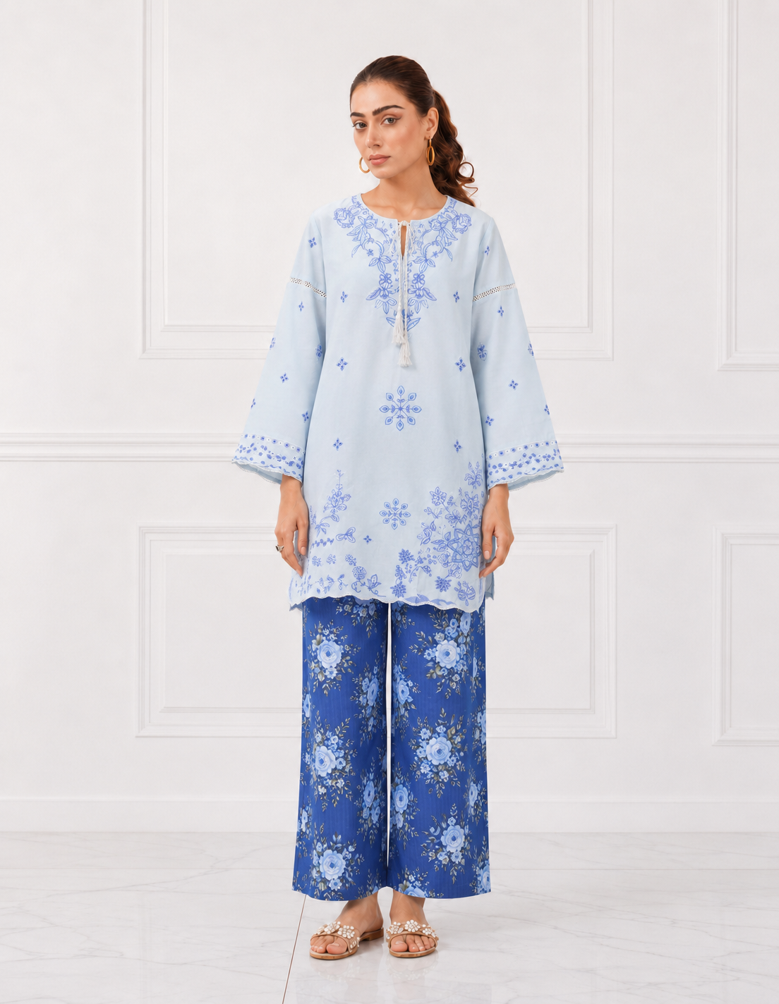 Ice Blue floral embroidered Bareeze cotton lawn 2 piece cord set front view