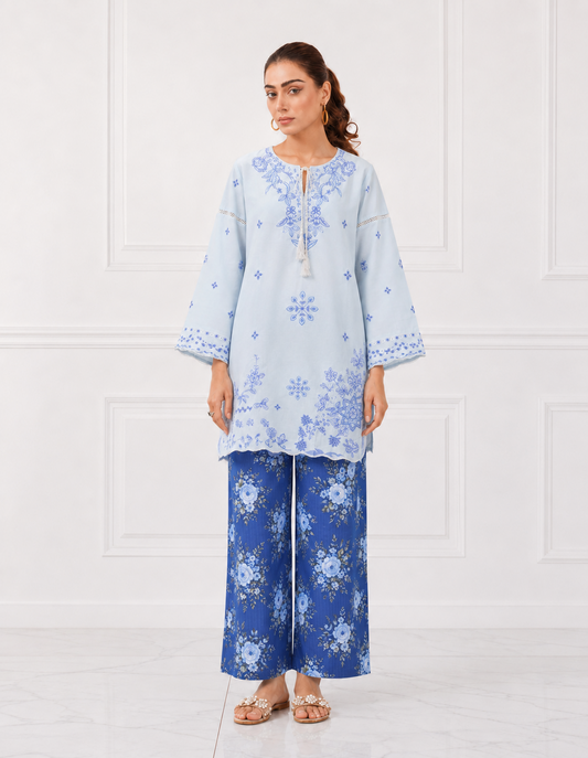 Ice Blue floral embroidered Bareeze cotton lawn 2 piece cord set front view