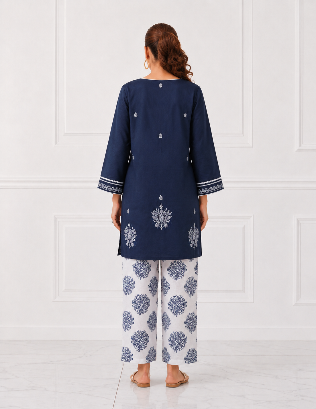 Navy blue embroidered Bareeze cotton lawn 2 piece cord set back view