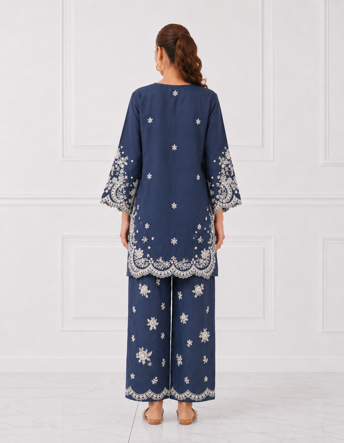 Navy blue embroidered Bareeze cotton lawn 2 piece cord set back view