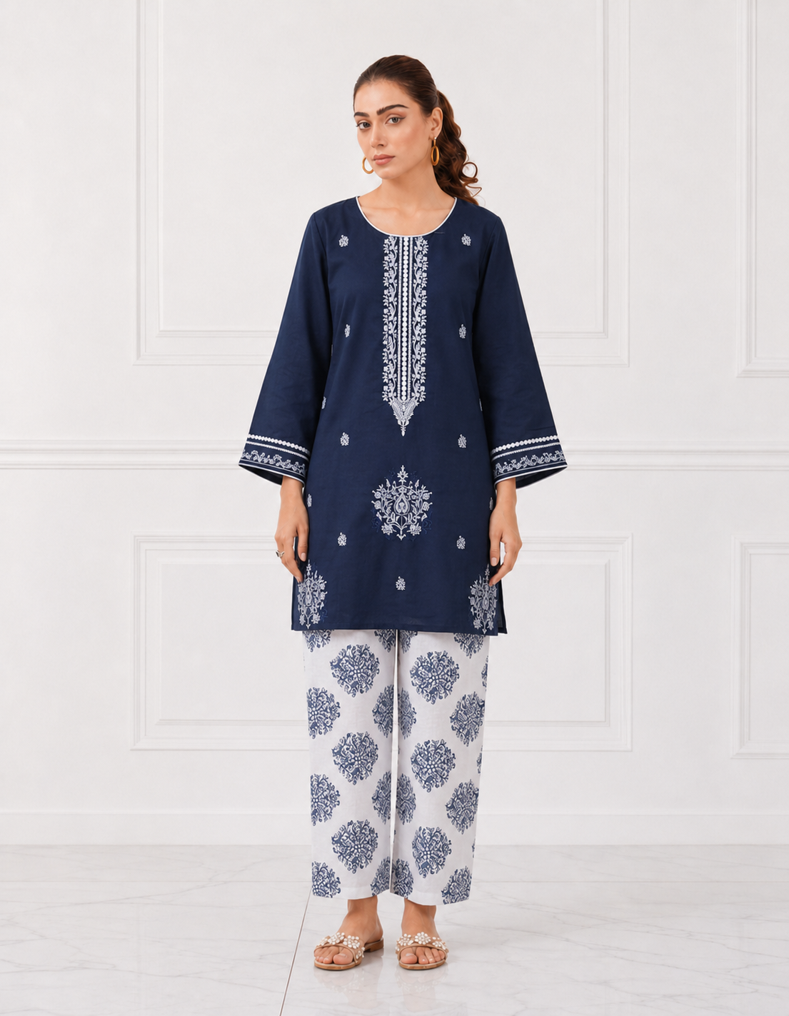 Navy blue embroidered Bareeze cotton lawn 2 piece cord set front view