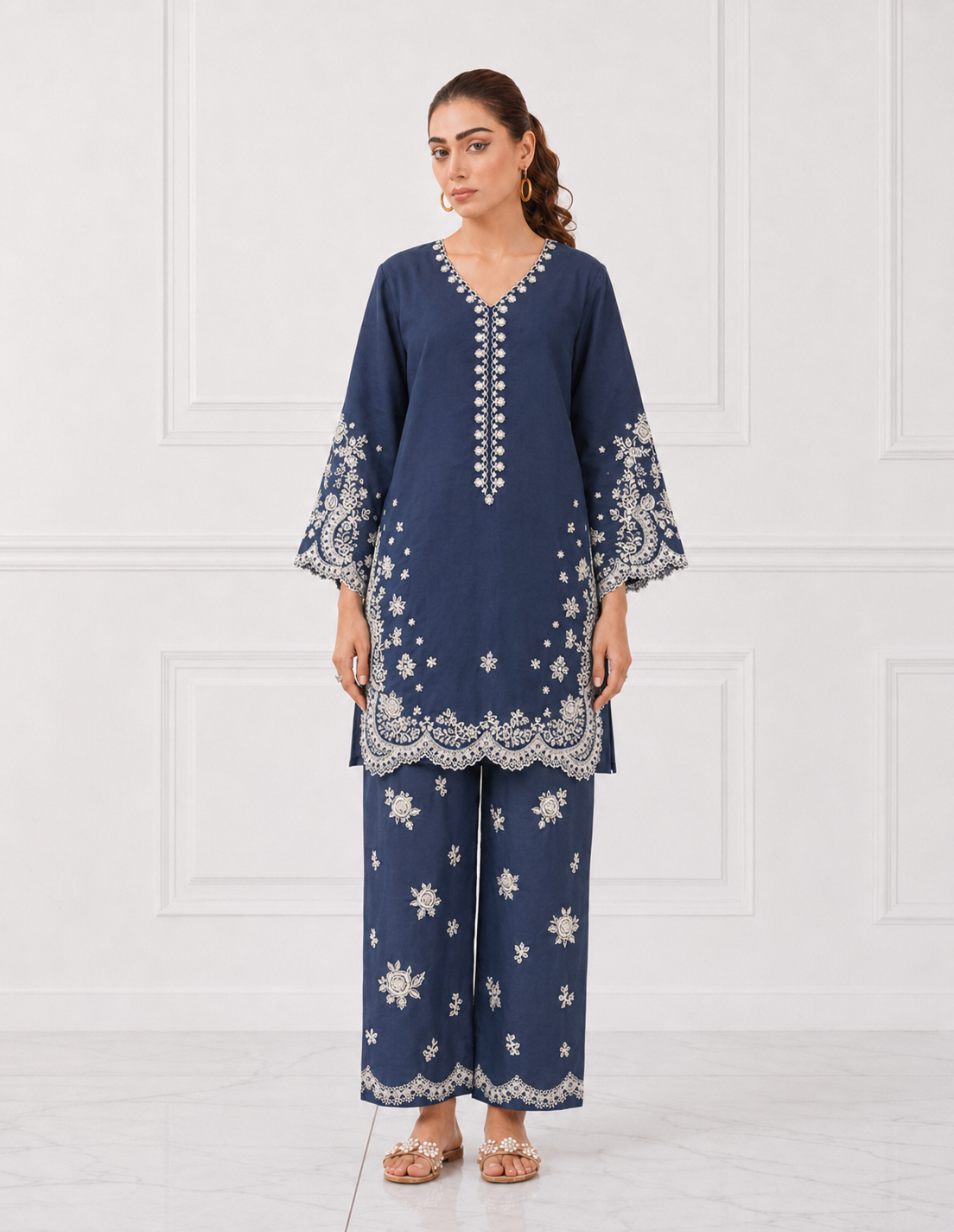 Navy blue embroidered Bareeze cotton lawn 2 piece cord set front view