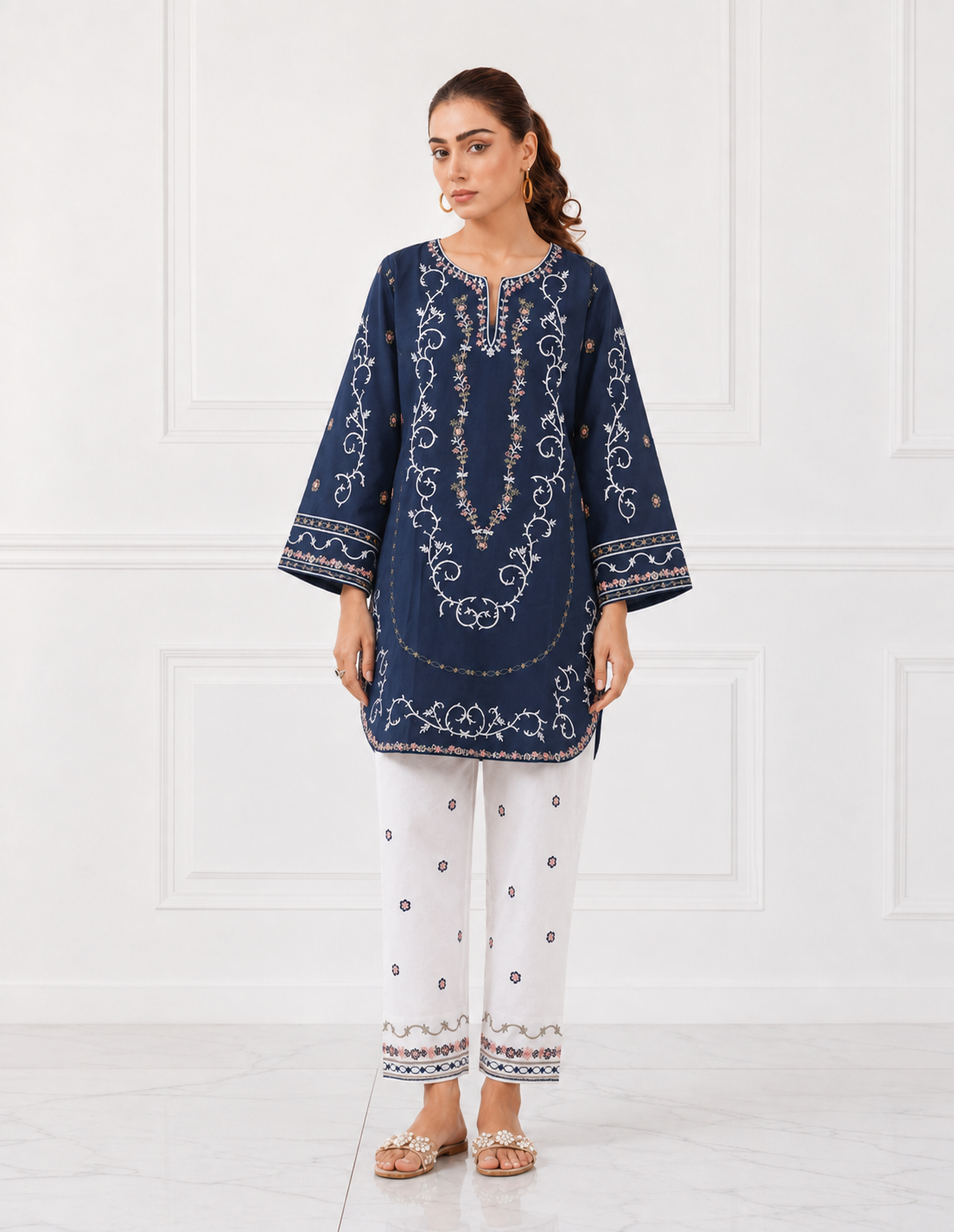 Navy blue embroidered Bareeze cotton lawn 2 piece cord set front view