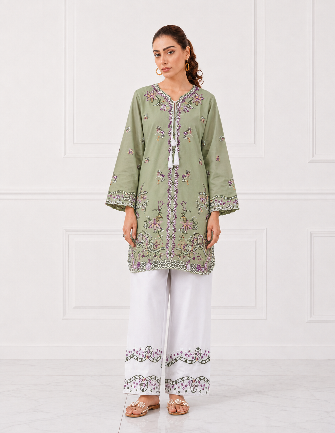 Olive sage green embroidered Bareeze cotton lawn 2 piece cord set front view