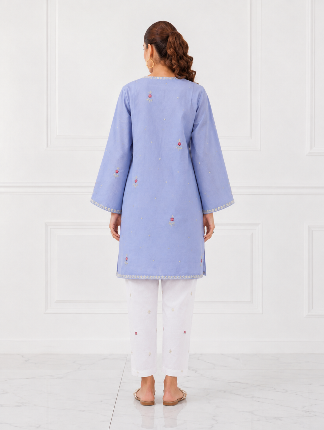 Powder blue floral embroidered Bareeze cotton lawn 2 piece cord set back view
