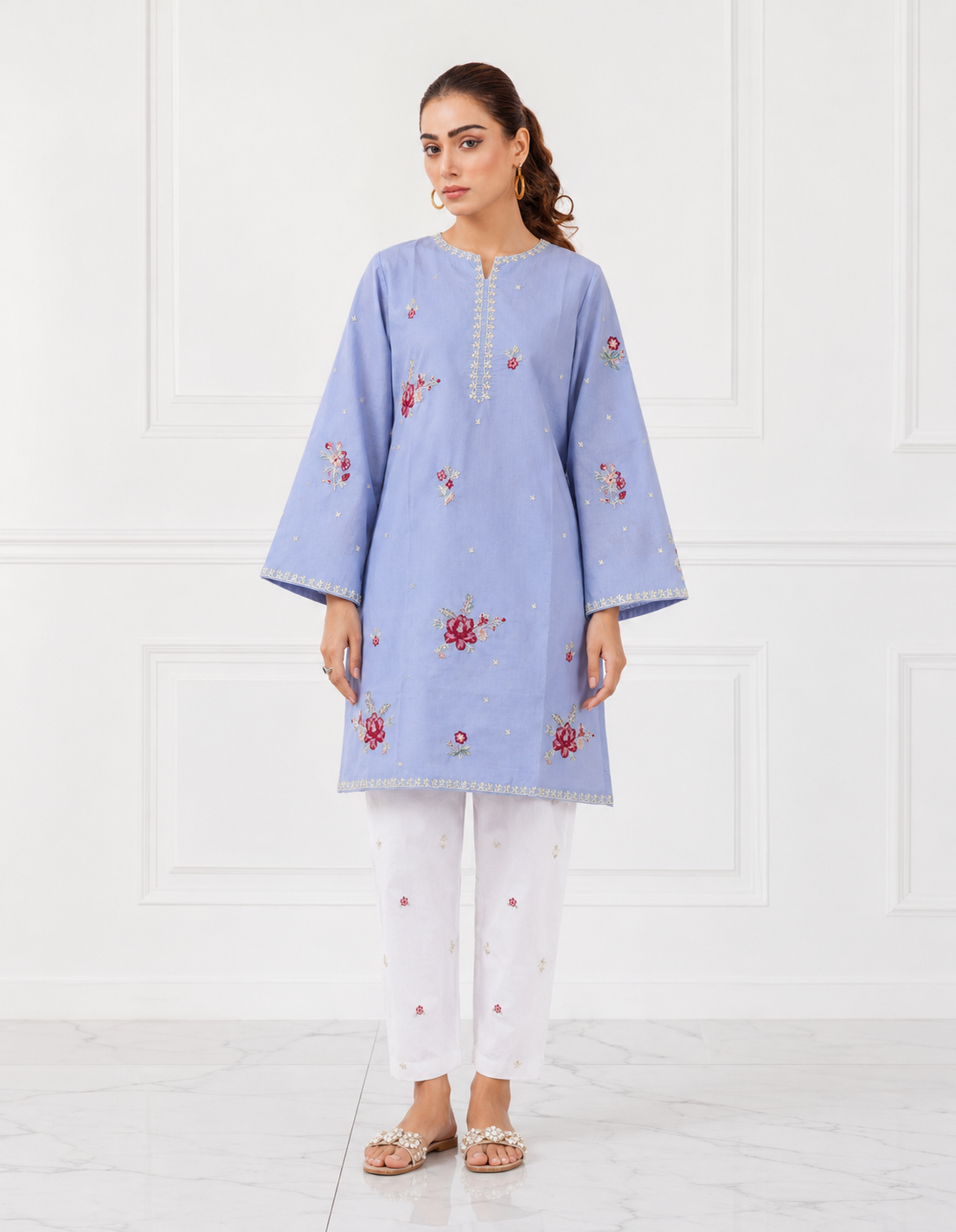 Powder blue floral embroidered Bareeze cotton lawn 2 piece cord set front view