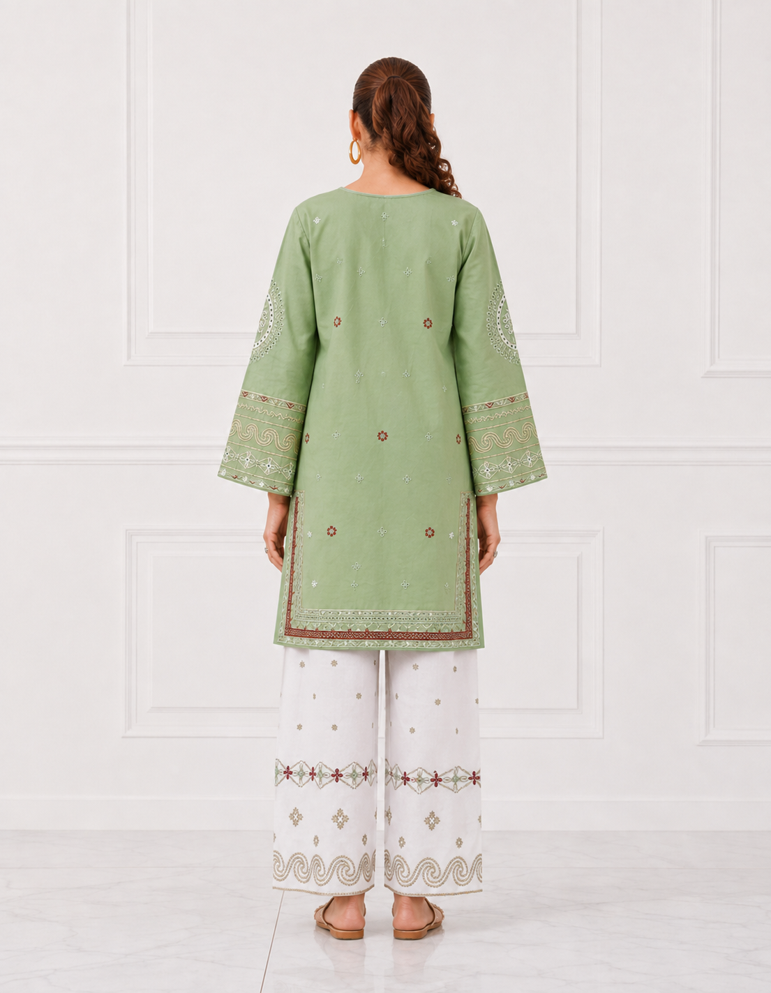 Sage green embroidered Bareeze cotton lawn 2 piece cord set back view