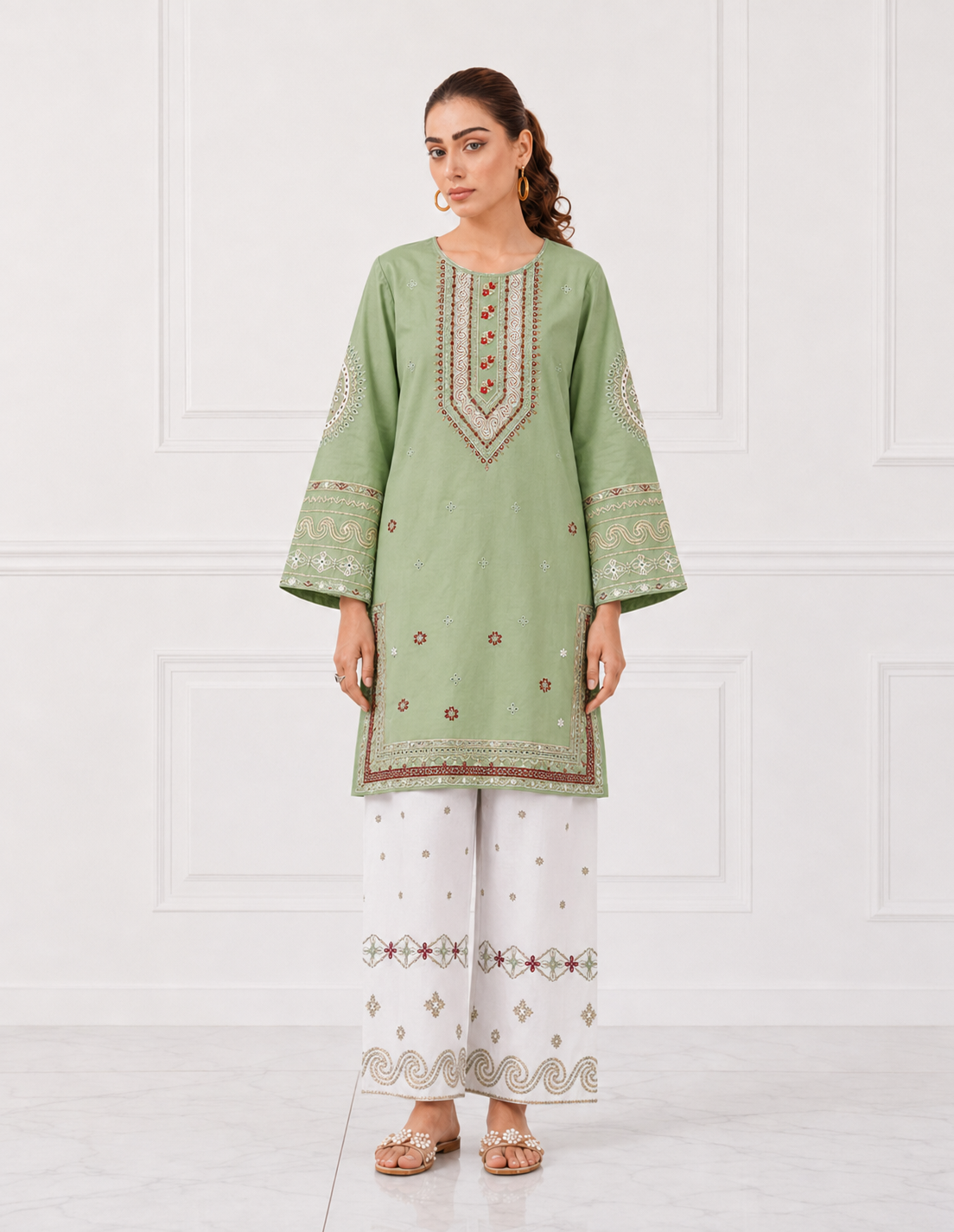 Sage green embroidered Bareeze cotton lawn 2 piece cord set front view