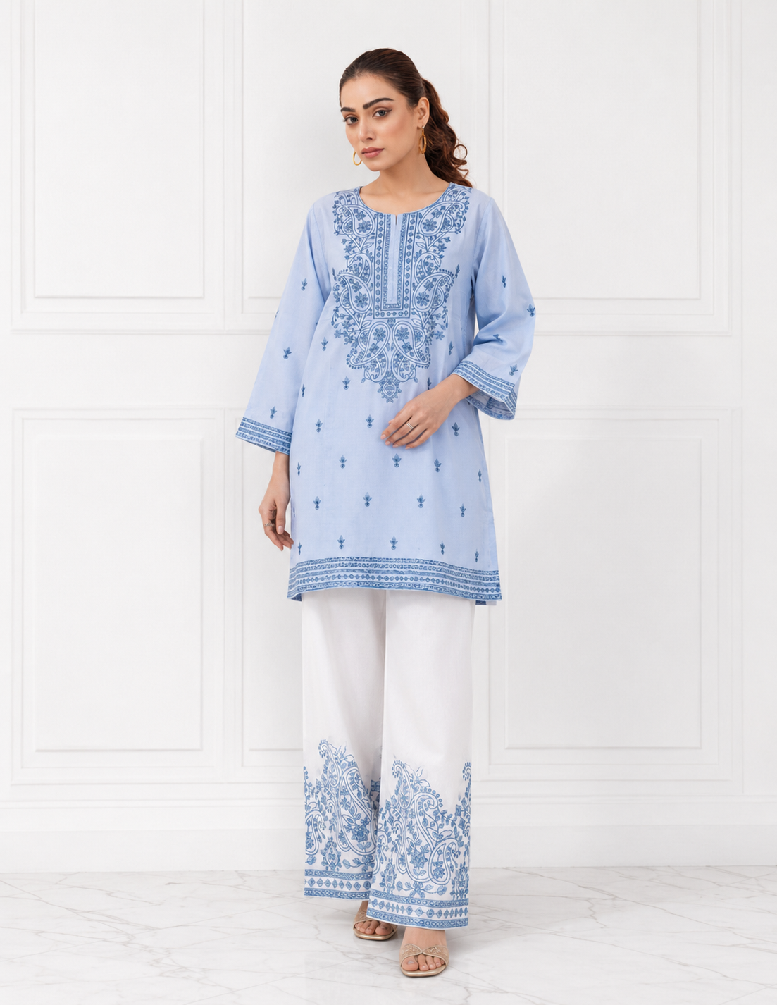 Sky blue embroidered cotton lawn 2 piece cord set front view